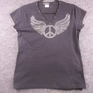 Get Lucky Shirt Womens Medium Black Rhinestone Wings Peace V Neck Tee Graphic‎